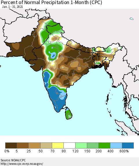 Southern Asia Percent of Normal Precipitation 1-Month (CPC) Thematic Map For 1/1/2021 - 1/31/2021