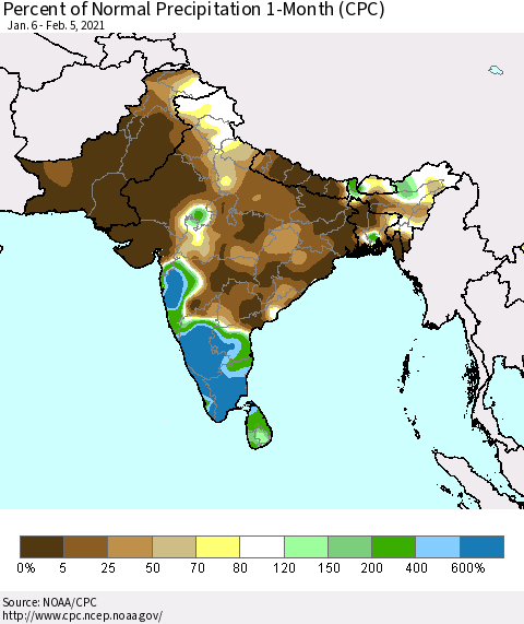 Southern Asia Percent of Normal Precipitation 1-Month (CPC) Thematic Map For 1/6/2021 - 2/5/2021