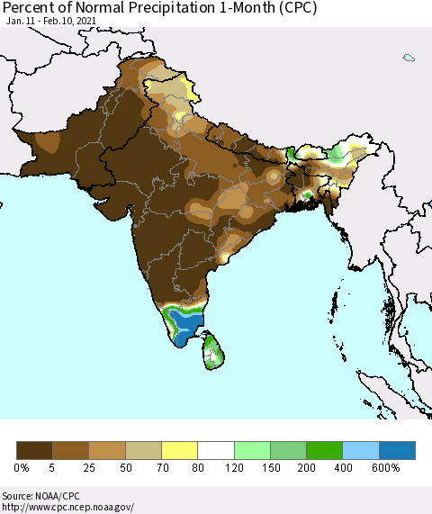 Southern Asia Percent of Normal Precipitation 1-Month (CPC) Thematic Map For 1/11/2021 - 2/10/2021