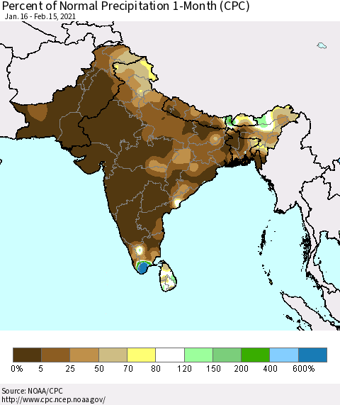 Southern Asia Percent of Normal Precipitation 1-Month (CPC) Thematic Map For 1/16/2021 - 2/15/2021