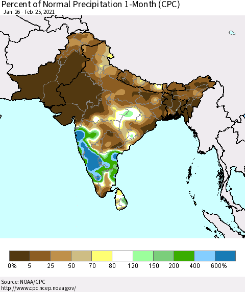 Southern Asia Percent of Normal Precipitation 1-Month (CPC) Thematic Map For 1/26/2021 - 2/25/2021