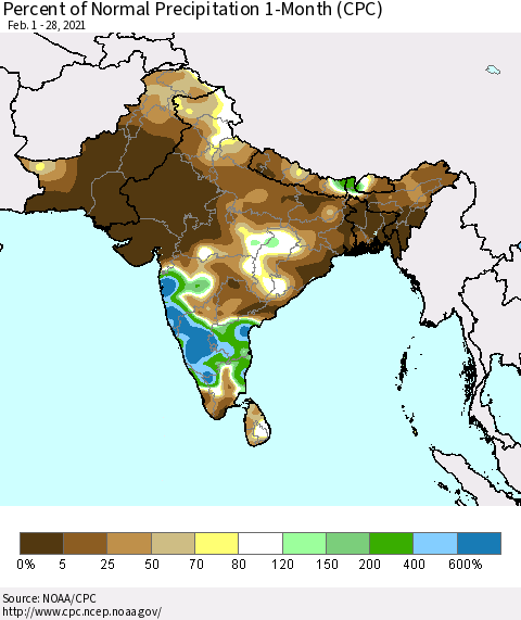Southern Asia Percent of Normal Precipitation 1-Month (CPC) Thematic Map For 2/1/2021 - 2/28/2021