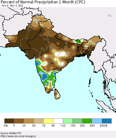 Southern Asia Percent of Normal Precipitation 1-Month (CPC) Thematic Map For 2/6/2021 - 3/5/2021