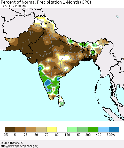 Southern Asia Percent of Normal Precipitation 1-Month (CPC) Thematic Map For 2/11/2021 - 3/10/2021