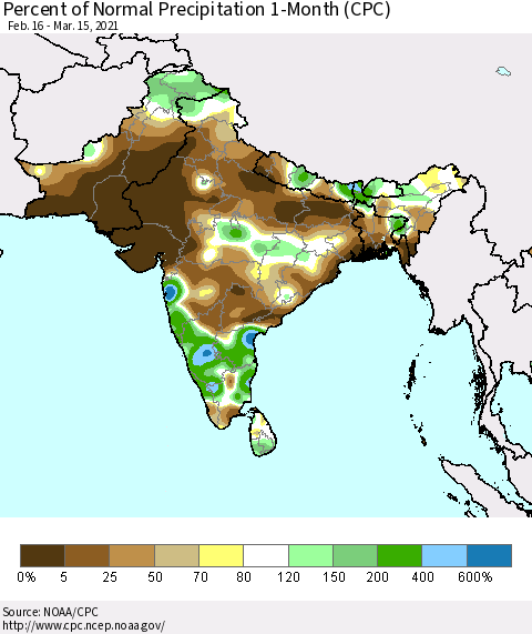 Southern Asia Percent of Normal Precipitation 1-Month (CPC) Thematic Map For 2/16/2021 - 3/15/2021