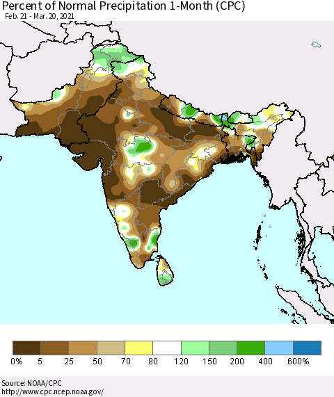 Southern Asia Percent of Normal Precipitation 1-Month (CPC) Thematic Map For 2/21/2021 - 3/20/2021