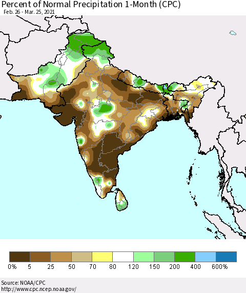 Southern Asia Percent of Normal Precipitation 1-Month (CPC) Thematic Map For 2/26/2021 - 3/25/2021