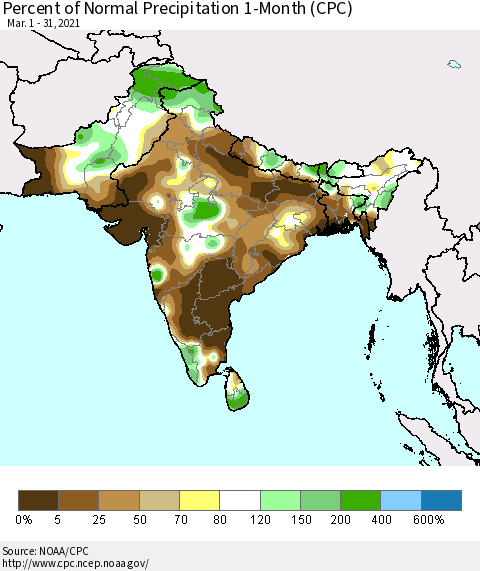 Southern Asia Percent of Normal Precipitation 1-Month (CPC) Thematic Map For 3/1/2021 - 3/31/2021