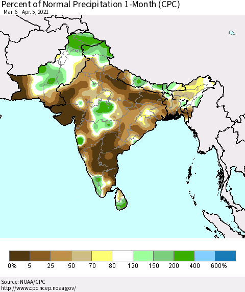 Southern Asia Percent of Normal Precipitation 1-Month (CPC) Thematic Map For 3/6/2021 - 4/5/2021