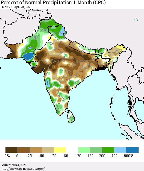 Southern Asia Percent of Normal Precipitation 1-Month (CPC) Thematic Map For 3/21/2021 - 4/20/2021