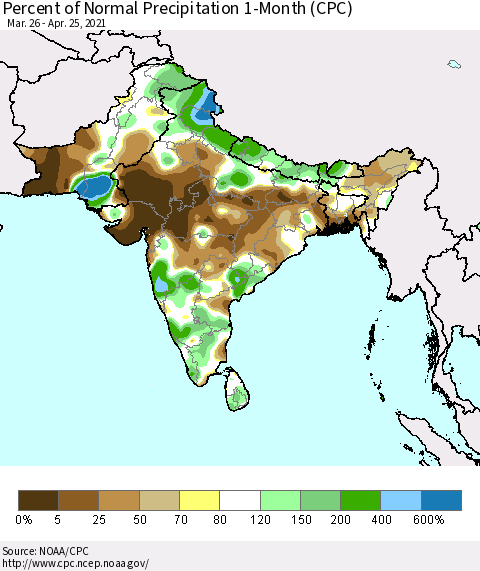 Southern Asia Percent of Normal Precipitation 1-Month (CPC) Thematic Map For 3/26/2021 - 4/25/2021
