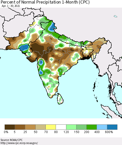 Southern Asia Percent of Normal Precipitation 1-Month (CPC) Thematic Map For 4/1/2021 - 4/30/2021