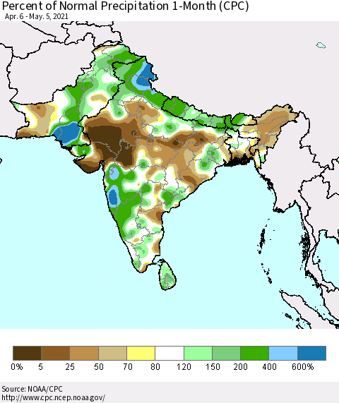 Southern Asia Percent of Normal Precipitation 1-Month (CPC) Thematic Map For 4/6/2021 - 5/5/2021