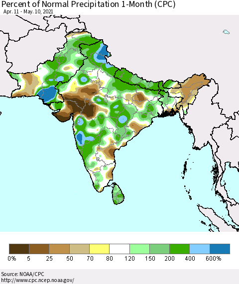 Southern Asia Percent of Normal Precipitation 1-Month (CPC) Thematic Map For 4/11/2021 - 5/10/2021