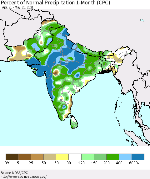 Southern Asia Percent of Normal Precipitation 1-Month (CPC) Thematic Map For 4/21/2021 - 5/20/2021