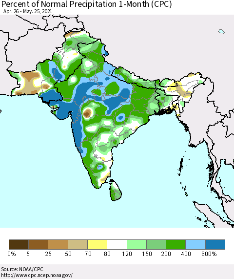Southern Asia Percent of Normal Precipitation 1-Month (CPC) Thematic Map For 4/26/2021 - 5/25/2021