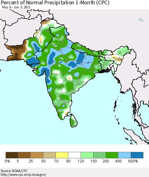 Southern Asia Percent of Normal Precipitation 1-Month (CPC) Thematic Map For 5/6/2021 - 6/5/2021