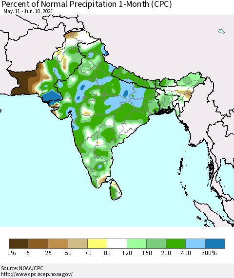Southern Asia Percent of Normal Precipitation 1-Month (CPC) Thematic Map For 5/11/2021 - 6/10/2021
