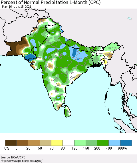 Southern Asia Percent of Normal Precipitation 1-Month (CPC) Thematic Map For 5/16/2021 - 6/15/2021