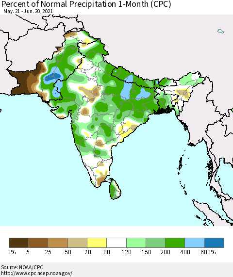 Southern Asia Percent of Normal Precipitation 1-Month (CPC) Thematic Map For 5/21/2021 - 6/20/2021