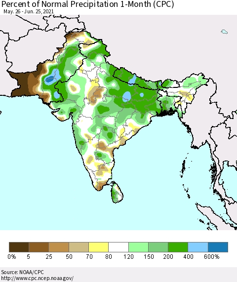 Southern Asia Percent of Normal Precipitation 1-Month (CPC) Thematic Map For 5/26/2021 - 6/25/2021