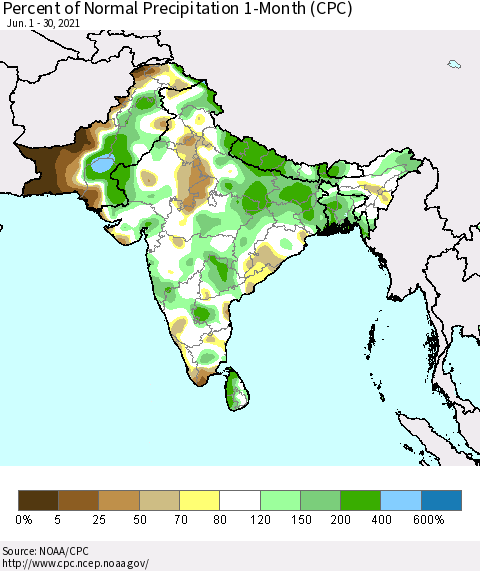 Southern Asia Percent of Normal Precipitation 1-Month (CPC) Thematic Map For 6/1/2021 - 6/30/2021