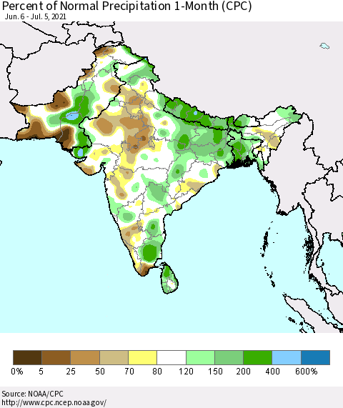 Southern Asia Percent of Normal Precipitation 1-Month (CPC) Thematic Map For 6/6/2021 - 7/5/2021