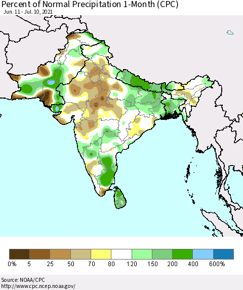 Southern Asia Percent of Normal Precipitation 1-Month (CPC) Thematic Map For 6/11/2021 - 7/10/2021
