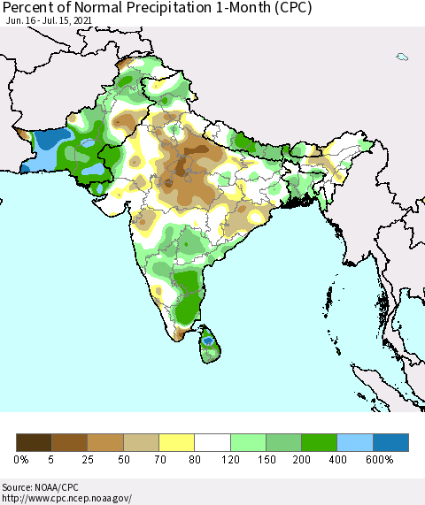 Southern Asia Percent of Normal Precipitation 1-Month (CPC) Thematic Map For 6/16/2021 - 7/15/2021
