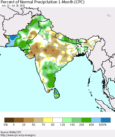 Southern Asia Percent of Normal Precipitation 1-Month (CPC) Thematic Map For 6/21/2021 - 7/20/2021