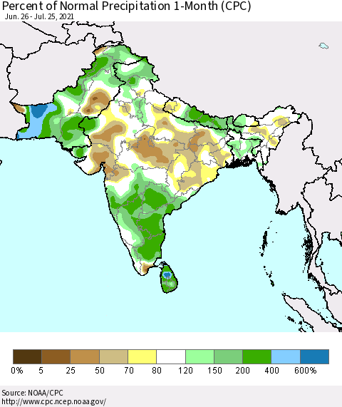 Southern Asia Percent of Normal Precipitation 1-Month (CPC) Thematic Map For 6/26/2021 - 7/25/2021