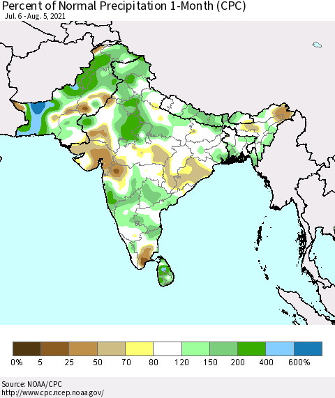 Southern Asia Percent of Normal Precipitation 1-Month (CPC) Thematic Map For 7/6/2021 - 8/5/2021