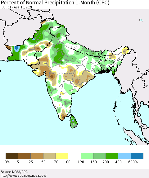 Southern Asia Percent of Normal Precipitation 1-Month (CPC) Thematic Map For 7/11/2021 - 8/10/2021