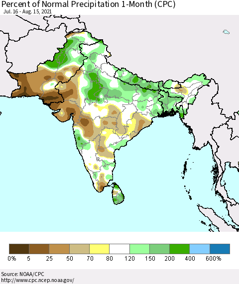 Southern Asia Percent of Normal Precipitation 1-Month (CPC) Thematic Map For 7/16/2021 - 8/15/2021