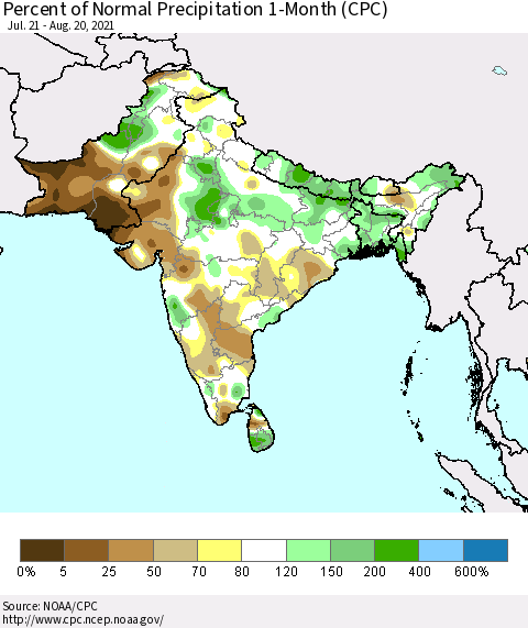 Southern Asia Percent of Normal Precipitation 1-Month (CPC) Thematic Map For 7/21/2021 - 8/20/2021
