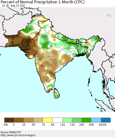 Southern Asia Percent of Normal Precipitation 1-Month (CPC) Thematic Map For 7/26/2021 - 8/25/2021