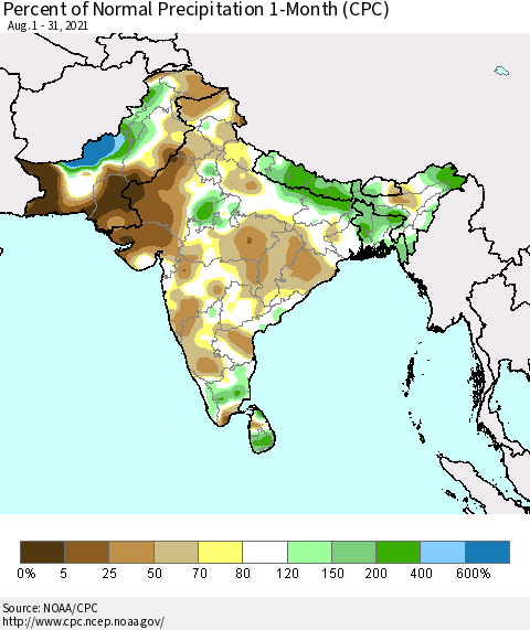 Southern Asia Percent of Normal Precipitation 1-Month (CPC) Thematic Map For 8/1/2021 - 8/31/2021