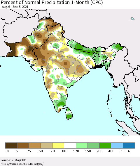 Southern Asia Percent of Normal Precipitation 1-Month (CPC) Thematic Map For 8/6/2021 - 9/5/2021