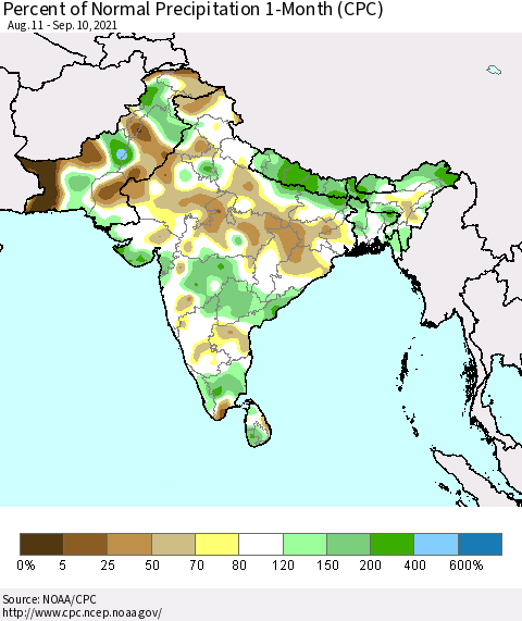 Southern Asia Percent of Normal Precipitation 1-Month (CPC) Thematic Map For 8/11/2021 - 9/10/2021