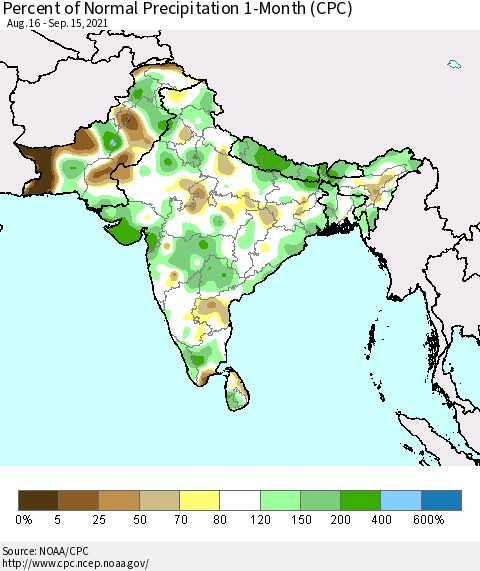 Southern Asia Percent of Normal Precipitation 1-Month (CPC) Thematic Map For 8/16/2021 - 9/15/2021
