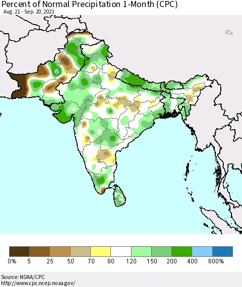 Southern Asia Percent of Normal Precipitation 1-Month (CPC) Thematic Map For 8/21/2021 - 9/20/2021
