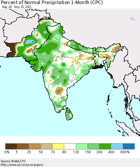 Southern Asia Percent of Normal Precipitation 1-Month (CPC) Thematic Map For 8/26/2021 - 9/25/2021