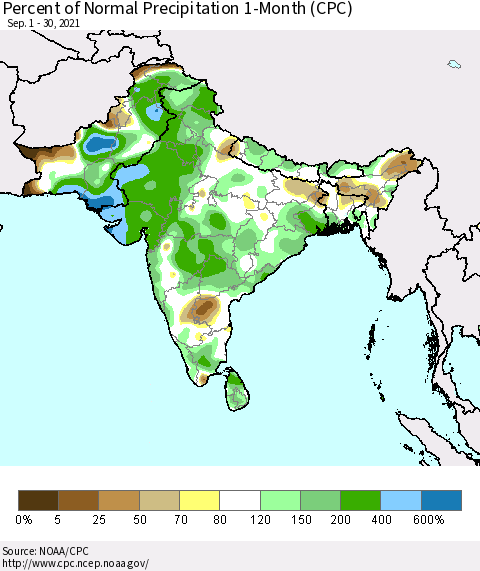 Southern Asia Percent of Normal Precipitation 1-Month (CPC) Thematic Map For 9/1/2021 - 9/30/2021