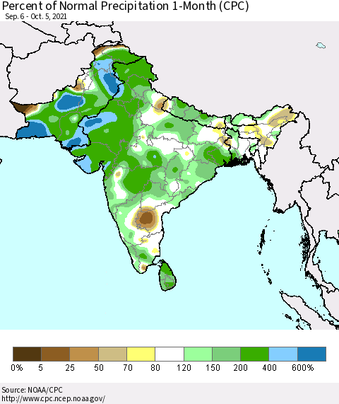 Southern Asia Percent of Normal Precipitation 1-Month (CPC) Thematic Map For 9/6/2021 - 10/5/2021