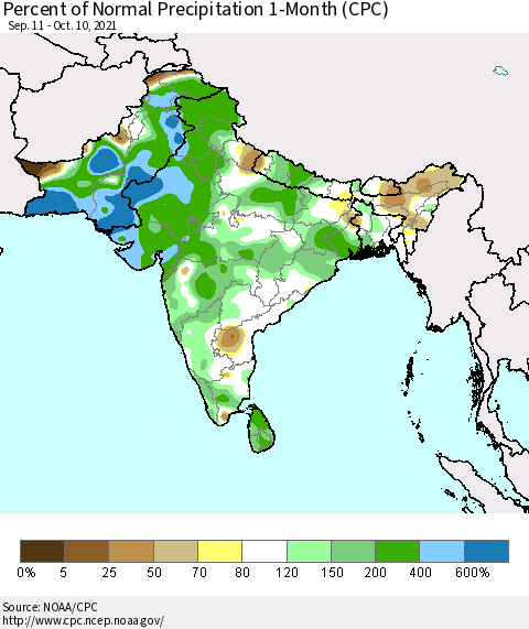 Southern Asia Percent of Normal Precipitation 1-Month (CPC) Thematic Map For 9/11/2021 - 10/10/2021