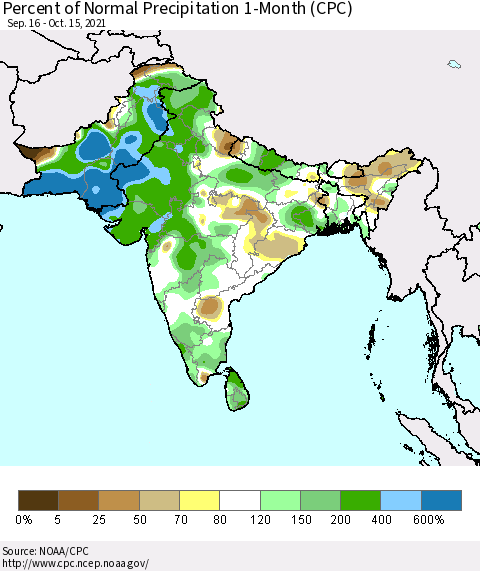Southern Asia Percent of Normal Precipitation 1-Month (CPC) Thematic Map For 9/16/2021 - 10/15/2021