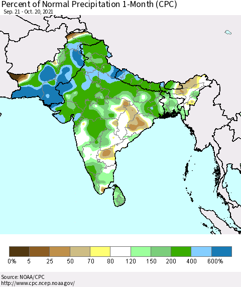 Southern Asia Percent of Normal Precipitation 1-Month (CPC) Thematic Map For 9/21/2021 - 10/20/2021