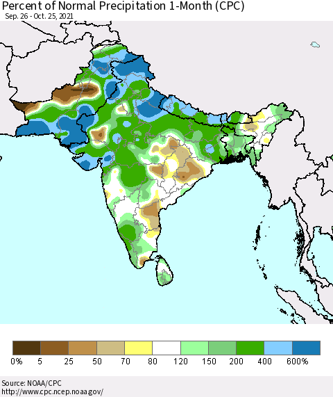 Southern Asia Percent of Normal Precipitation 1-Month (CPC) Thematic Map For 9/26/2021 - 10/25/2021