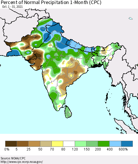 Southern Asia Percent of Normal Precipitation 1-Month (CPC) Thematic Map For 10/1/2021 - 10/31/2021