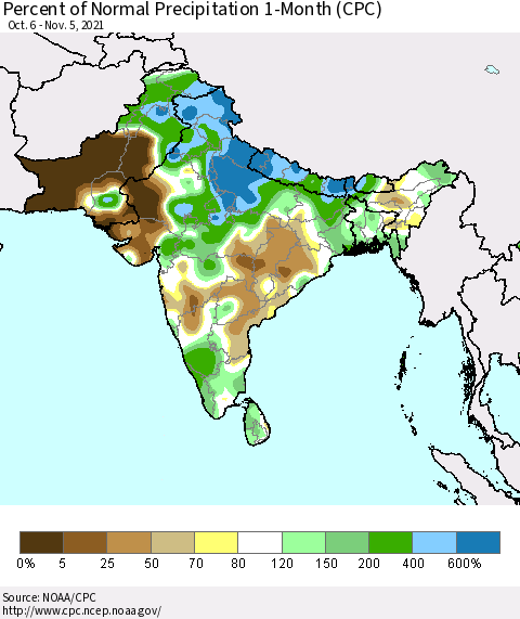 Southern Asia Percent of Normal Precipitation 1-Month (CPC) Thematic Map For 10/6/2021 - 11/5/2021